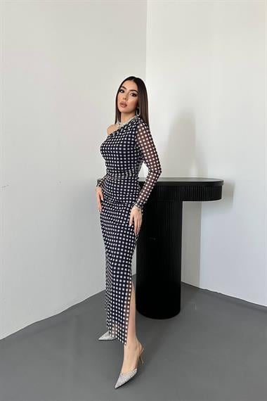 Toptan Lacivert Ekose Desen Tül Elbise