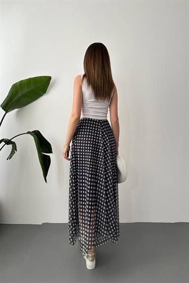 Toptan Lacivert Ekose Desen Tül Etek