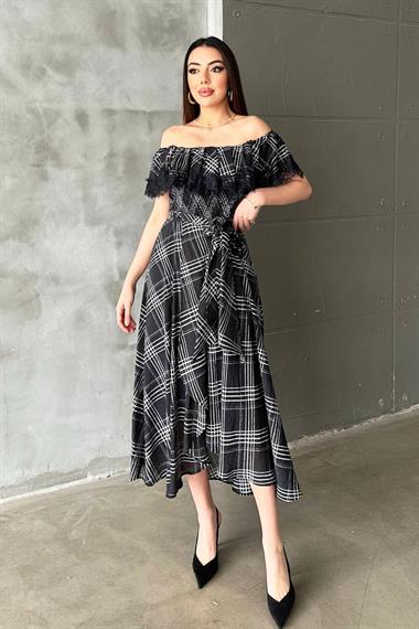 Toptan Lacivert Ekoseli Dantelli Elbise