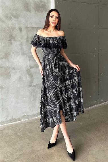 Toptan Lacivert Ekoseli Dantelli Elbise