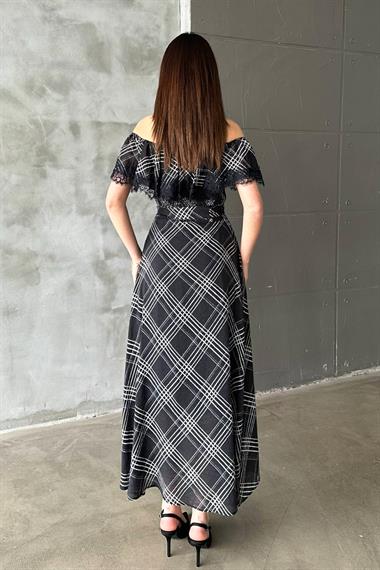 Toptan Lacivert Ekoseli Dantelli Elbise