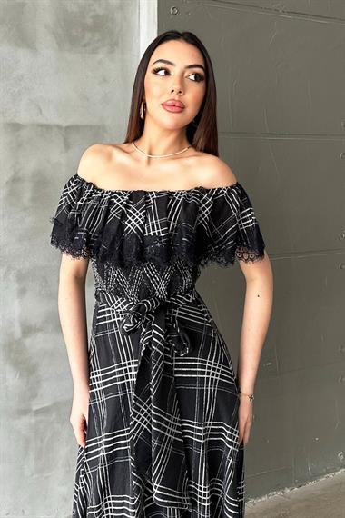 Toptan Lacivert Ekoseli Dantelli Elbise