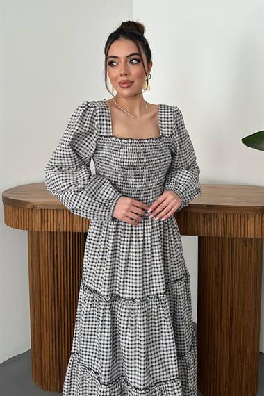 Toptan Lacivert Ekoseli Gipeli Elbise