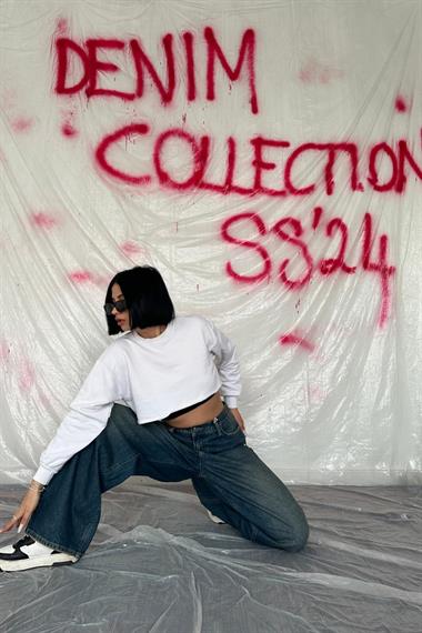 Toptan Lacivert Geniş Paça Jeans Pantolon