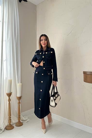 بدلة جينز ليكرا بالجملة باللون الأزرق الداكن مع أزرار ذهبية