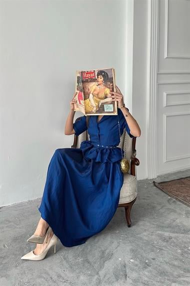 Toptan Lacivert İnce Kemerli Fırfırlı Ceket Ve Büzgülü Etek Takım