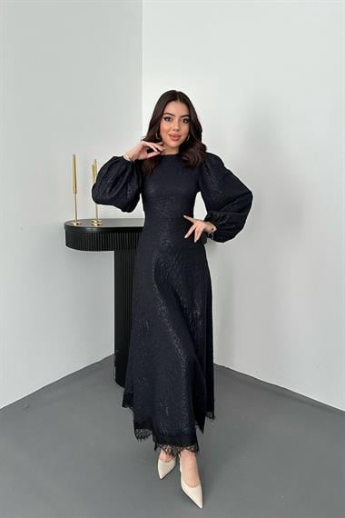 Toptan Lacivert Kabartmalı Dantel Detaylı Kemerli Uzun Elbise