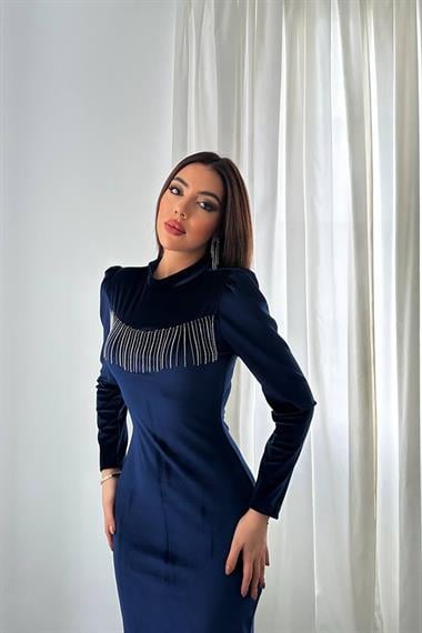 Toptan Lacivert Kadife Işıltılı Elbise