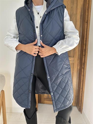 Toptan Lacivert Kapitone Uzun Yelek