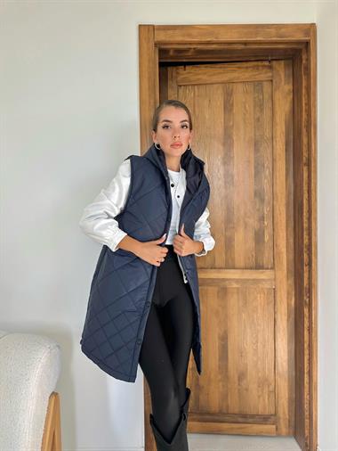 Toptan Lacivert Kapitone Uzun Yelek
