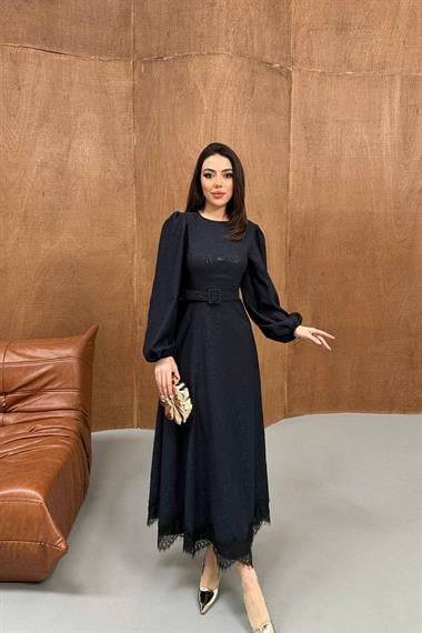 Toptan Lacivert Kare Kabartmalı Simli Uzun Elbise