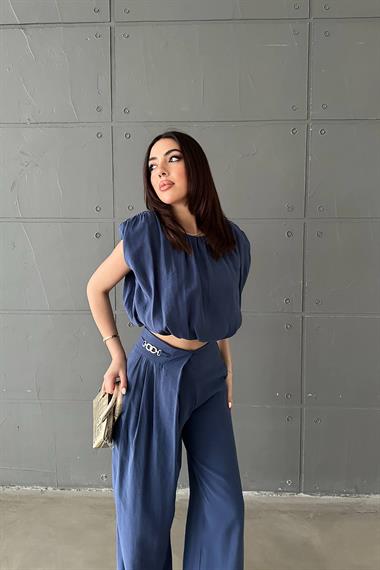 Toptan Lacivert Modal Bluz Ve Pantolon Takım
