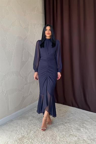 Toptan Lacivert Önü Büzgülü Şifon Elbise
