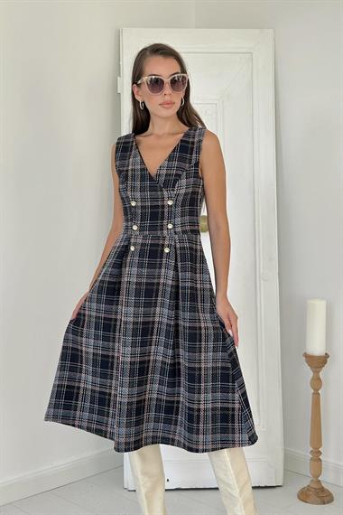 Toptan Lacivert Sıfır Kol Elbise