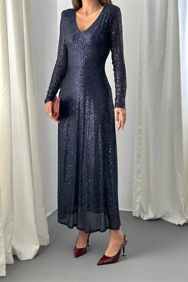 Toptan Lacivert Sırt Dekolteli Pulpayet Elbise