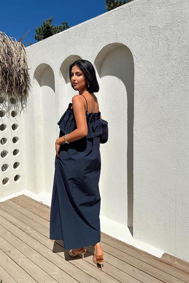 Toptan Lacivert Spagetti Yaka Önü Pileleli Elbise