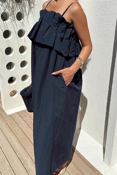 Toptan Lacivert Spagetti Yaka Önü Pileleli Elbise