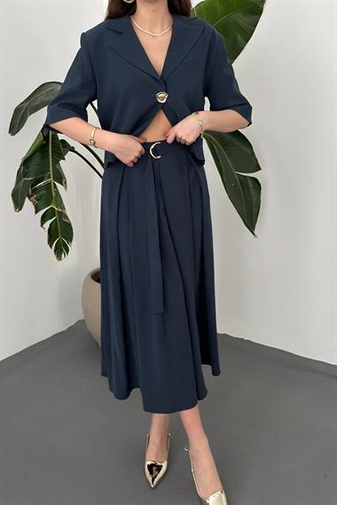 Toptan Lacivert Tek Düğmeli Kısa Ceket Ve Etek Takım