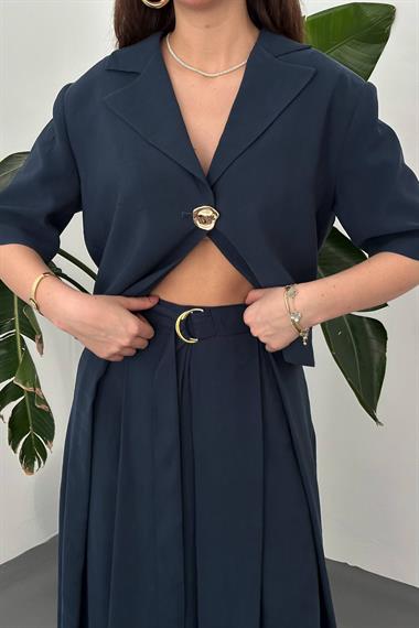 Toptan Lacivert Tek Düğmeli Kısa Ceket Ve Etek Takım