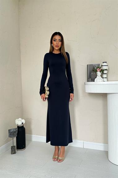 Toptan Lacivert Vücudu Saran Uzun Elbise