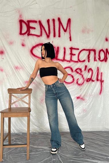 Toptan Lacivert Yüksek Bel ve Geniş Paça Jeans Pantolon