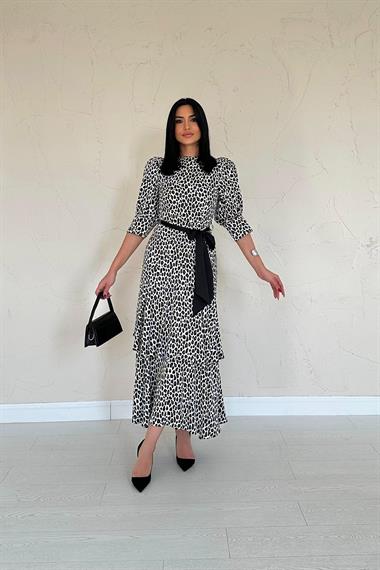 Toptan Leopar Kuşak Garnili Leopar Elbise