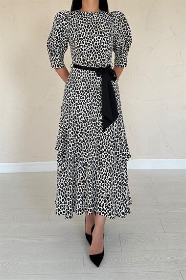 Toptan Leopar Kuşak Garnili Leopar Elbise