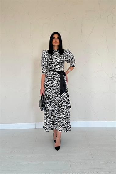 Toptan Leopar Kuşak Garnili Leopar Elbise