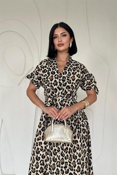 Toptan Leopar Leoparlı Desenli Kuşaklı Elbise