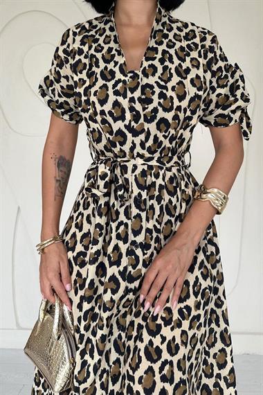 Toptan Leopar Leoparlı Desenli Kuşaklı Elbise