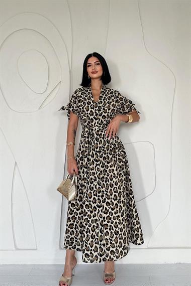 Toptan Leopar Leoparlı Desenli Kuşaklı Elbise