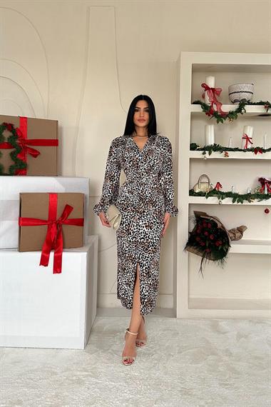 Toptan Leopar Önü Yırtmaçlı V Yaka Elbise