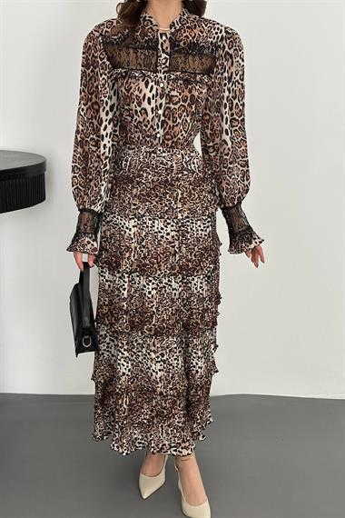 Toptan Leopar Pilise Detaylı Lastikli Elbise