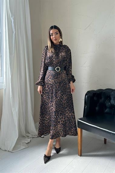 Toptan Leopar Saten Elbise