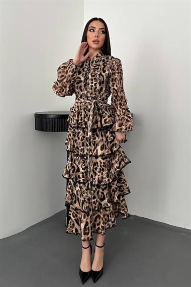 Toptan Leopar Volanlı Şeritli Uzun Elbise