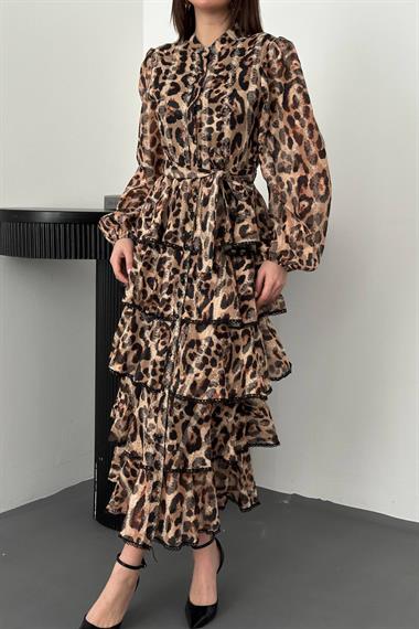 Toptan Leopar Volanlı Şeritli Uzun Elbise
