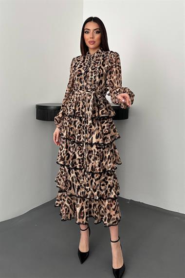 Toptan Leopar Volanlı Şeritli Uzun Elbise