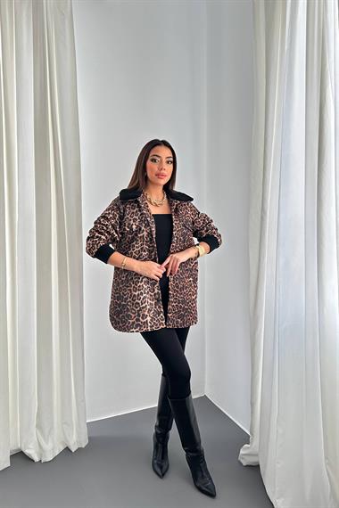 Toptan Leopar Yakası Kürk Garnili Desenli Ceket
