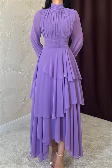 Toptan Lila Bel Detaylı Elbise