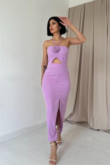 Toptan Lila Boyundan Bağlamalı Güllü Elbise