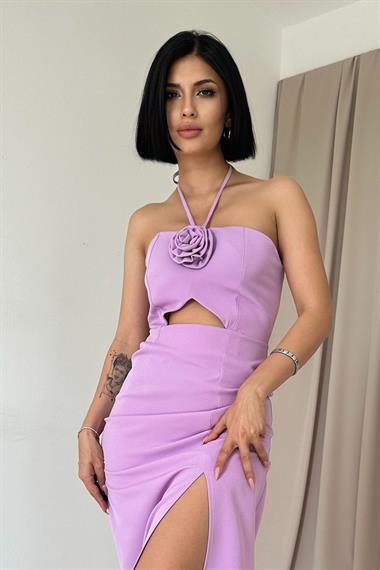 Toptan Lila Boyundan Bağlamalı Güllü Elbise