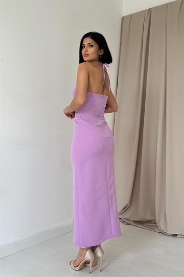 Toptan Lila Boyundan Bağlamalı Güllü Elbise