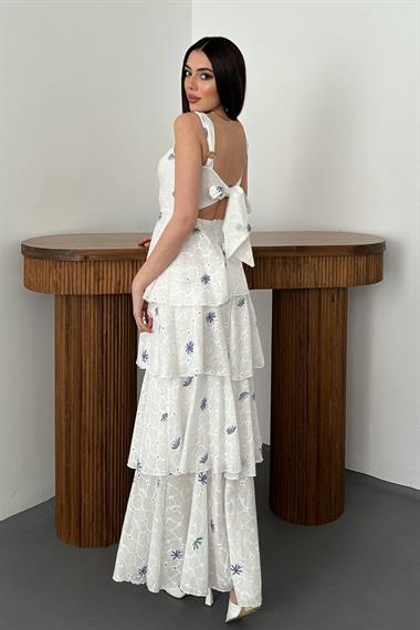 Toptan Lila Çiçek Desenli Kat Kat Arkası Bağlamalı Elbise