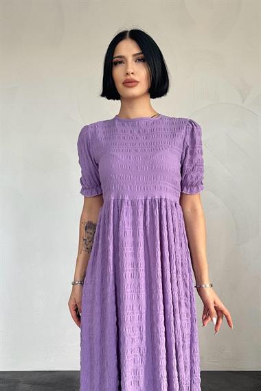 Toptan Lila Gofre Elbise