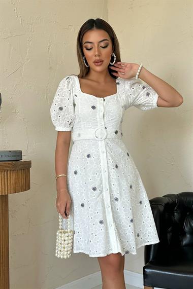 Toptan Lila Kemerli Kare Yaka Elbise