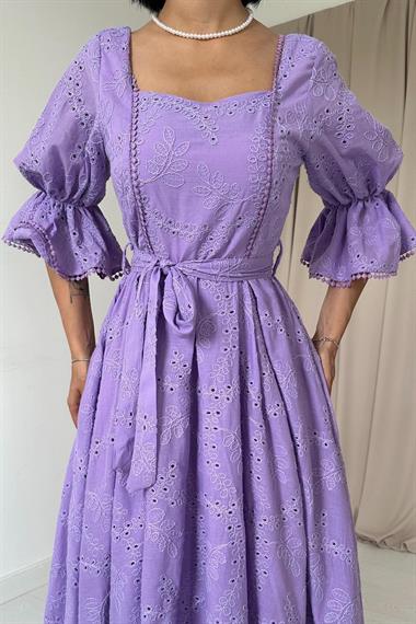 Toptan Lila Kolu Lastikli Brode Elbise