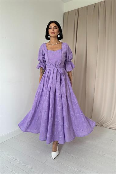 Toptan Lila Kolu Lastikli Brode Elbise