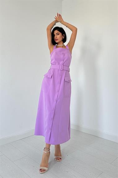 Toptan Lila Lastik Askılı ve Kemerli Elbise