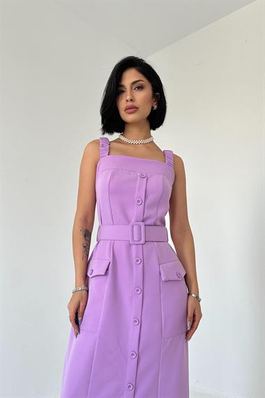 Toptan Lila Lastik Askılı ve Kemerli Elbise