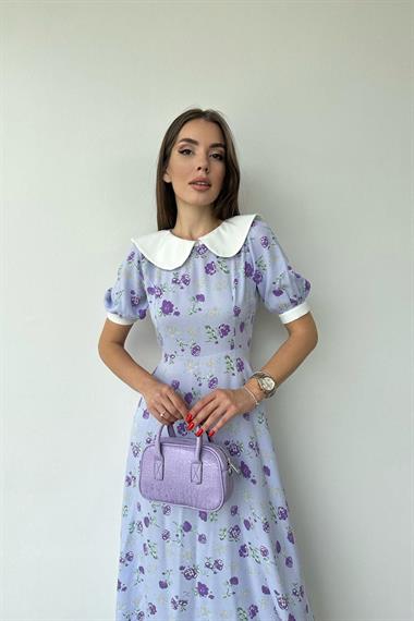 Toptan Lila Önlük Yaka Çiçek Desen Elbise